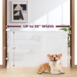 Cideny Retractable Baby Gate for Stairs, 55" Wide Mesh Dog Gate Indoor, 34'' Tall Child Gate for Doorways, Hallways, Deck, Indoor Outdoor Pet Baby Safety Essentials for Home, White