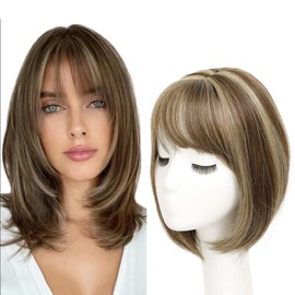 Yacurcur Hair Toppers 360° Bangs Hair Clip Fake Bangs with Fringe Clip in Hair for Thinning Hair Women 3D Cover Heat Resistant Synthetic Hair Pieces Mixed Brown Hair on Lace for Daily Wear（M8/27#）