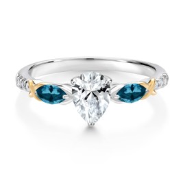 Gem Stone King 925 Silver 10K Yellow Gold Pear Shape White Created Sapphire London Blue Topaz and White Lab Grown Diamond Engagement Ring For Women (1.45 Cttw, Gemstone September Birthstone, Size 7)