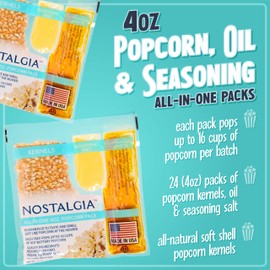 Nostalgia Premium 4-Ounce Popcorn All-In-One Bag - Includes Kernels, Butter Flavored Coconut Oil, and Seasoning Salt - Pack of 24