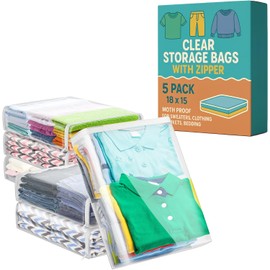 Houseables Sweater Bags Moth Proof, Clothing Storage Bags, with Zipper, Sweater Storage, Clear Zippered Organizers, Clothes, Blanket, Linen, Bedding, Quilt, Vinyl Plastic Protectors, 18x15x4”, 5 Pack.