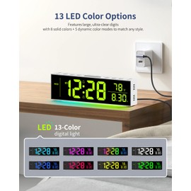 Digital Clock, Alarm Clock for Bedroom, Digital Wall Clocks for Classroom, Living Room Decor, Desk Clock Large Display, 13 Number Display Colors, 12 Ambient Light Colors, Auto Dimming, DST (White)