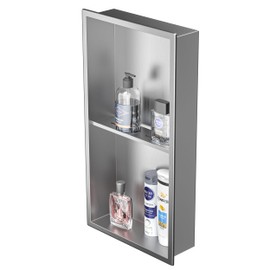 Bernkot Stainless Steel Shower Niche 24" X 12" Brushed No Tile Needed Wall Niche Double Shelves Recessed Shower Shelf for Bathroom Storage Over Mount Installation