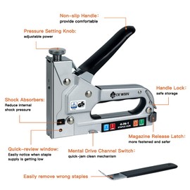 Upholstery Staple Gun Heavy Duty, DEWBIN 4 in 1 Stapler Gun with 2000 Staples, Remover, Manual Brad Nailer Power Adjustment Stapler Gun for Wood, Upholstery, Carpentry, Decoration DIY Staple Gun