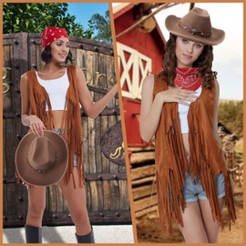 PARTTELY PARTTELY Western Cowgirl Outfits for Women, 70s Hippie Costume Cowgirl Tassels Fringe Vest, Cowboy Hat for Women, Bandana