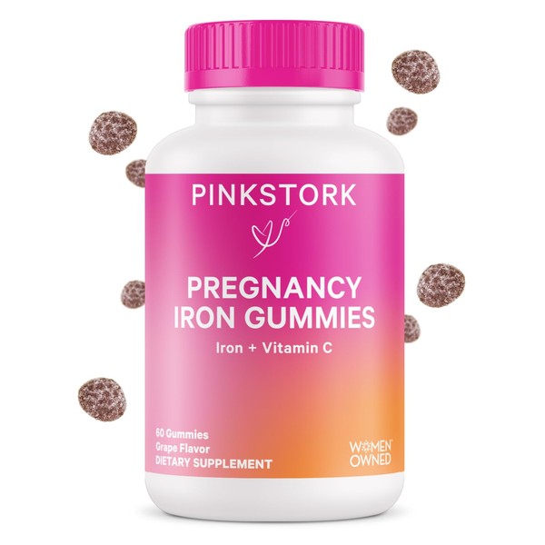 Pink Stork Prenatal Iron Supplement Gummies for Women - 20 mg Iron Gummy with Vitamin C - Grape Chewable for Iron Deficiency, Energy, & Blood Builder - 60 Gummy Chews