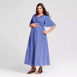 14th Place Maternity Embroidered Trim V-Neck Wrap Maxi Dress Sporty Blue Sz M