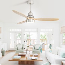 Sofucor 52 Inch Ceiling Fan with Lights Modern Wood Ceiling Fan Remote Control Dimmable LED Light 3 Blades Reversible DC Motor forBedroom Living Room Patio with Cover(brushnickle+Wood Color)