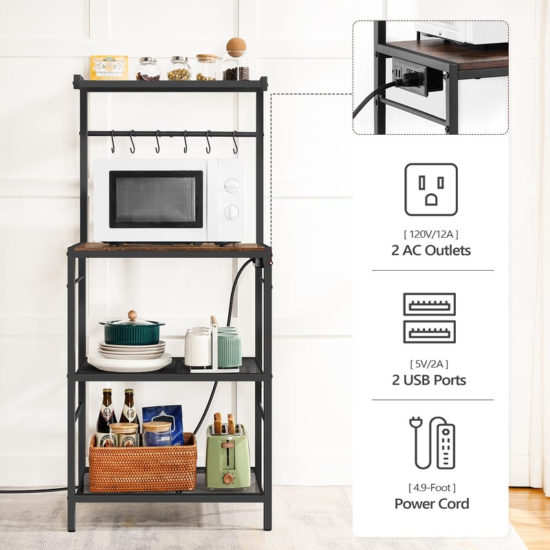 MAHANCRIS Bakers Rack with Power Outlet, Kitchen Storage Shelf with