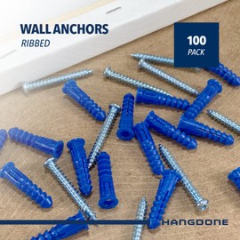 HANGDONE Ribbed Wall Anchors #10-#12 1-1/4-Inch with Screws 100-Pack, Blue, Plastic Anchor for Drywall/Concrete, Pan Head Phillips Screw Included