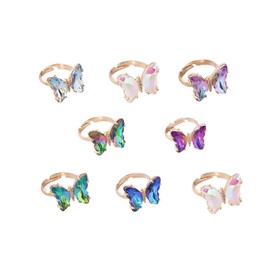 8 Pcs Gold Plated 3D Butterfly Rings Acrylic Adjustable Open Colorful Crystal Bowknot Shaped Band Rings for Women Finger Jewelry (mix gold)