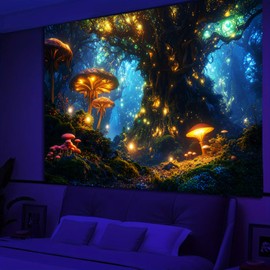 SparkLia Blacklight Fantasy Mushroom Forest Tapestry, Magical Elves Fairy Fireflies Tree of Life UV Reactive Neon Nature Landscape Wall Hanging Tapestries for Bedroom, Living Room - 51.2" x 59.1"