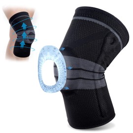 Portzon Rodillera de compresión para hombres y mujeres con estabilizador elástico de rótula de gel de silicona, protector de rodilleras con bisagras, color negro (talla XXL), individual