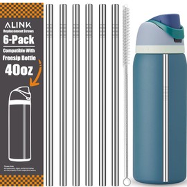 ALINK Stainless Steel Straws for 40oz Owala FreeSip Insulated Water Bottle, 6 Pack Reusable Metal Replacement Straws Compatible With 40oz Owala Freesip Cup Lid Only, Plus Straw Brush, Dishwasher Safe