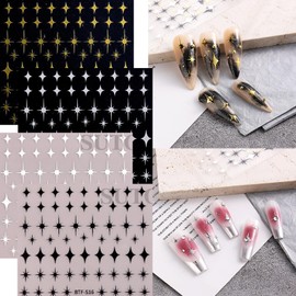 Ycfish 8 Sheets Star Nail Art Stickers 3D Glitter Shiny Gold Silver White Black Stars Nail Art Sticker Self Adhesive Designer Nail Sticker DIY Manicure Luxury Nail Art Decoration Supplies
