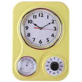 Lily's Home Retro Kitchen Wall Clock, with a Thermometer and 60-Minute Timer, Ideal for Any Kitchen, Yellow (9.5 in x 13.3 in)