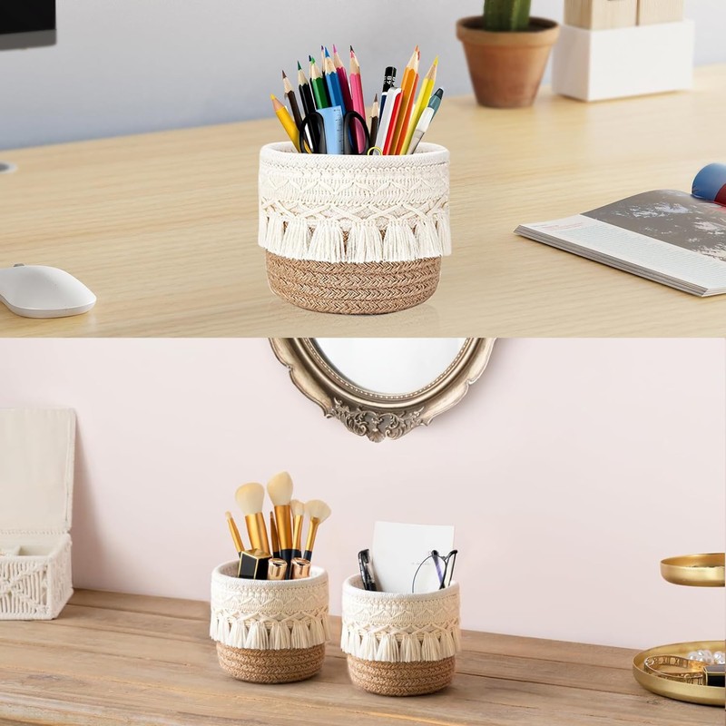 URCHUZE Boho Macrame Pen Holder Set, 2 Pieces, Desk Organiser