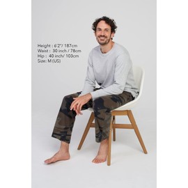 LAPASA Men's Fleece Pajama Set Top Bottom Pants Plaid Shirt Long Sleeves Sleepwear Pocket Lounge Nightwear PJ Warm Cozy M129 Medium (Cotton Top+fleece Bottom) Light Heather Gray + Green Camouflage