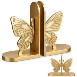 Wooden Butterfly Bookends, Solid Wood, Gold Finish Book Ends, Pair