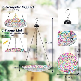 MUMTOP Mosaic Hanging Bird Bath-Bird Baths for Outdoors - 12 Inch Glass Birdbath Bird Water Bowl Bird Feeders for Outside, Garden, Lawn Yard Decor（Colorful Flower）