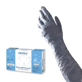 TRONEX 2800 PE Disposable Gloves, 18" Elbow Length Disposbale Gloves, Food Safe, Cleaning, Embossed Texture, Secure Grip, Powder Free, Latex Free, Gray, Large, Box of 100