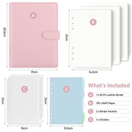 SKYDYE A5 Ring Binder, Ring Binder A5 Refillable, 135 Sheets A5 Refill Paper, Notebook A5 with Binder Pockets, A5 Binder for School Notes and Travel Journals (Light Pink)