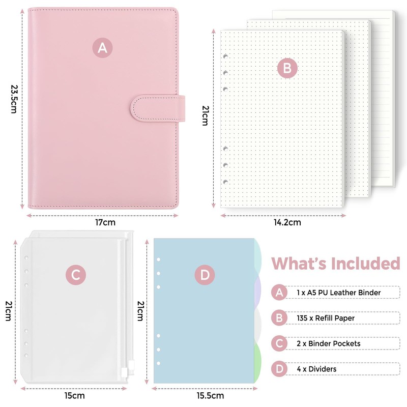 SKYDYE A5 Ring Binder, Ring Binder A5 Refillable, 135 Sheets