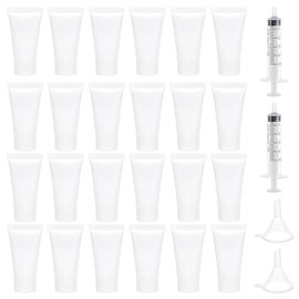 BENECREAT Pack of 30 15 ml Empty Tubes, Plastic Empty Lotion Tubes with 2 Funnels and 2 Needle-less Syringes, Travel Size Container for Shampoo Hand Creams Dividing