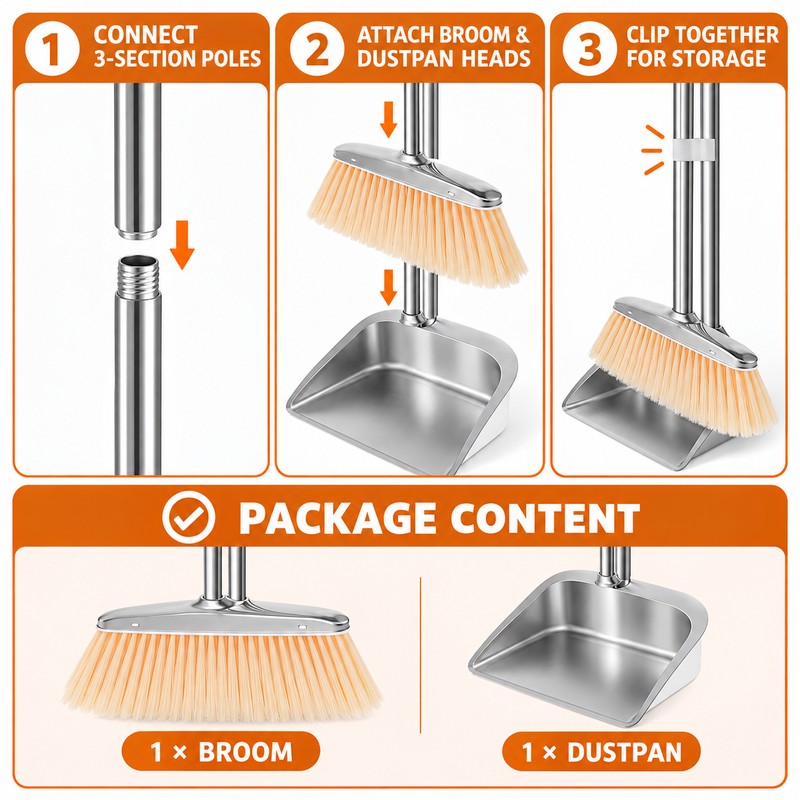 willstar Stainless Steel Broom and Dustpan Set, Long Handle Upright