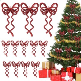 Thyle 12 Pcs Red Glitter Bows Ornaments for Christmas Tree, Plastic Bows for Christmas Tree for Xmas Home Outdoor Indoor Decoration