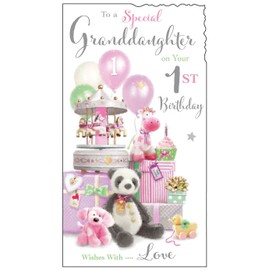 Jonny Javelin Special Granddaughter Age 1 Today 1st Birthday Card - Panda Teddy Toys Balloons