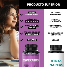 Resveratrol 100% Vegano de alto contenido en Polifenoles | Pimienta Negra Para Mejor Absorción, Vitamina C, Semilla De Uva Y Acai Beyond Vitamins Antioxidante | Vitaminas Mujer / Hombre - 180 Capsulas