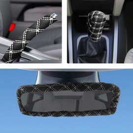 BDZMC Car Gear Shift Knob Cover & Handbrake Cover & Rearview Mirror Cover Set, Leather Car Interior Accessories, Universal Car Decoration for Women (White)