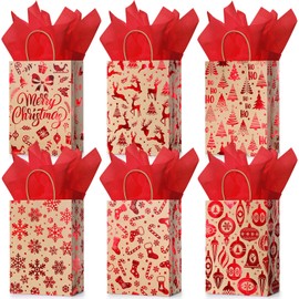 24 Pcs Christmas Gift Bags with Tissue Paper, Merry Christmas Xmas Kraft Paper Goodie Bags with Handles Bulk for Christmas Gift Wrapping Holiday Party Supplies (Red Snowflake, Small)