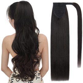 SEGO Pro Ponytail Extensions Human Hair Long Straight Ponytail Hair Extensions with Magic Paste Wrap Around Clip in Ponytail Extensions Real Human Hair,18inch #1B Jet Black,90g