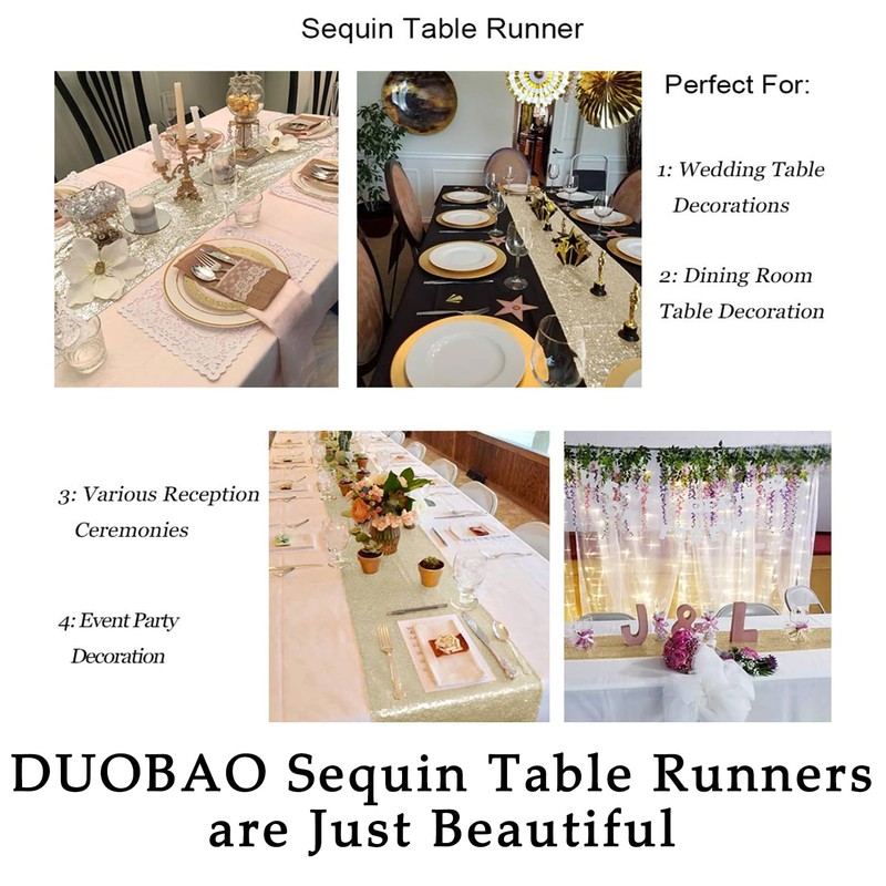 DUOBAO Champagne Gold Sequin Table Runner 12x72-Inch Sequin Table Runner