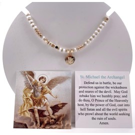 SIFRIMANIA Saint Michael Protector Bead Adjustable Catholic Guardian Angel Bracelet for Women, Protection Cross Religious Medal (White-Gold)