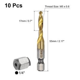 sourcing map 10pcs Combination Drill and Tap Bits Metric M5 x 0.8 Thread 1/4" Hex Shank Titanium Coated Threading Screw Taps 4341 High Speed Steel Machine Drilling Tapping Tool Kit