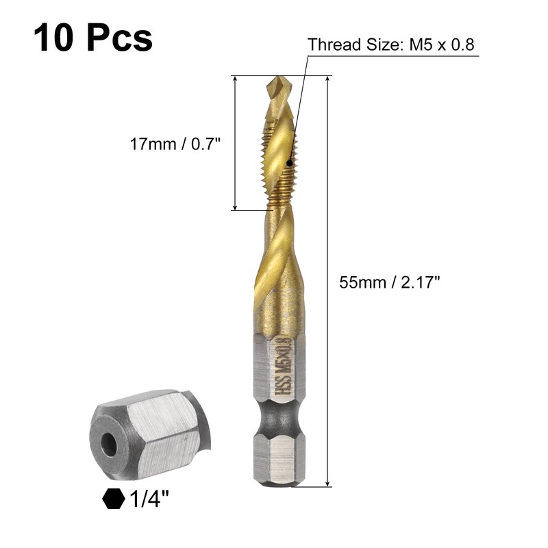 sourcing map 10pcs Combination Drill and Tap Bits Metric M5