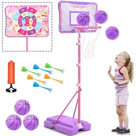 Basketball Hoop  Adjustable Height 3.4ft-6.2ft for Goal Indoor Outdoor Toys Outside 3-8 - Style: Pink Basketball Hoop with Unicorn Dartboard
