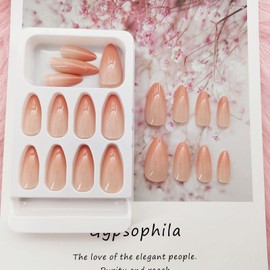 Gradient Press on Nails Almond Fake Nails, Artificial Acrylic Nails Caramel Gradient False Nails Designs Glossy Glue on Nails Medium Long for Women 24 Pcs / 12 Size