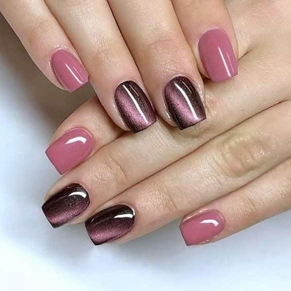 CHAONENG Press On Nails Short Square Fake Nails Pink Glossy