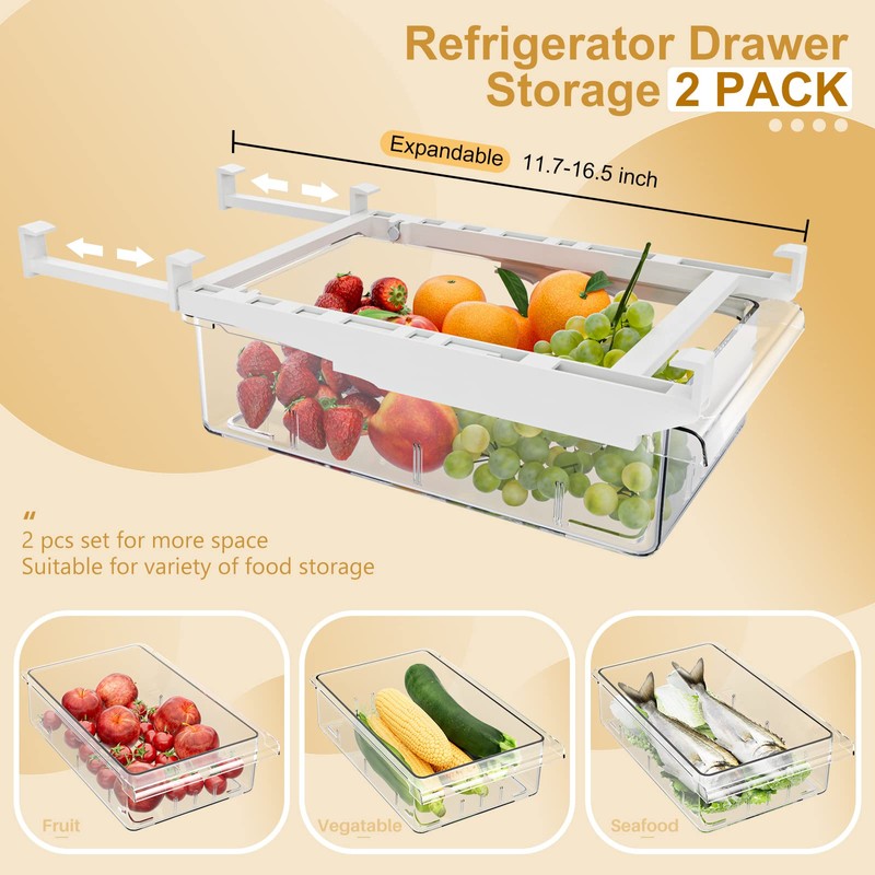 SNSLXH 2 Pack Refrigerator Drawer Organizer, Pull Out Shelf Storage
