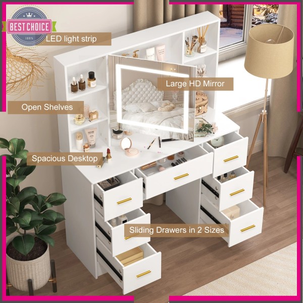 Yamissi Dressing Table with Opened LED Light Mirror and 7