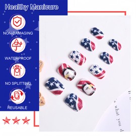 BFY 4th of July Press on Nails Medium Square Fake Nails, USA Flag Eagle Red Glitter Acrylic Nails, Blue Stars Glossy Gel False Nails Kit Stick Glue on Nails Tip, Independence Day Decoration 24 Pcs