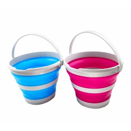 SAMMART 10L (2.6 Gallon) Collapsible Plastic Bucket - Foldable Round Tub - Portable Fishing Water Pail - Space Saving Outdoor Waterpot, Size 33cm Dia (Sky Blue + Flamingo (Set of 2))