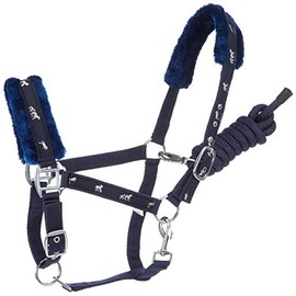 Cwell Equine NEW Horse print fur padded headcollars halter + matching lead set NAVY FULL/COB/PONY (PONY)