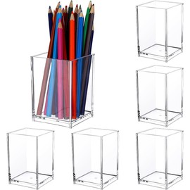Pack of 6 Acrylic Pen Holders, Acrylic Pen Holder, Square Acrylic Pencil Organiser, Transparent Pen Cup, Clear Makeup Brush Holder, Pencil Storage Basket for School, Home, Office
