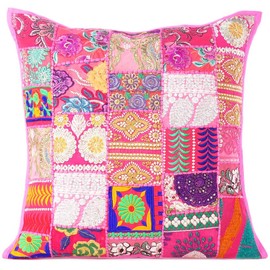 Eyes of India Decorative Patchwork Boho Throw Pillow Cover, Colorful Bohemian Cushion Case for Sofa Couch, Handmade Accent Bedroom Living Room (Pink, 20" x 20")