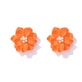 Exaggeration Boho Pearl Flower Stud Earrings for Women,Camellia Flower White Pearl Beads Blosson Stud Earrings Wedding Holiday Jewelry Gifts (Orange)